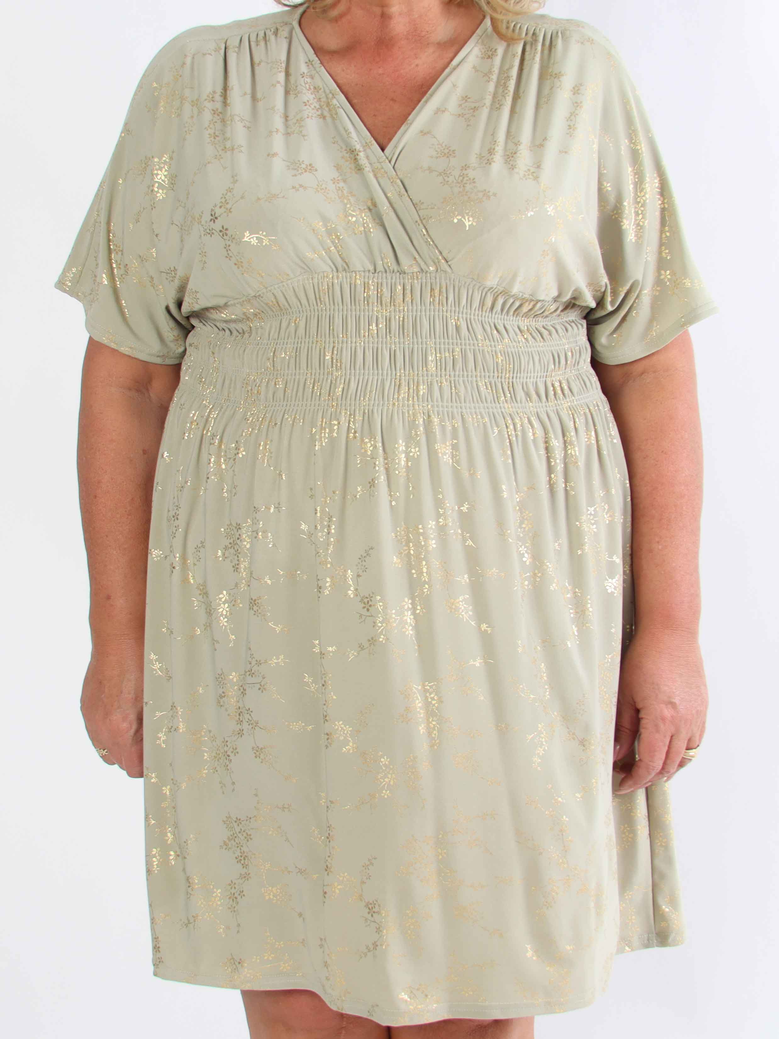 Pams Gold Short - Elastisk plus size kjole detaljeret med guld blomster